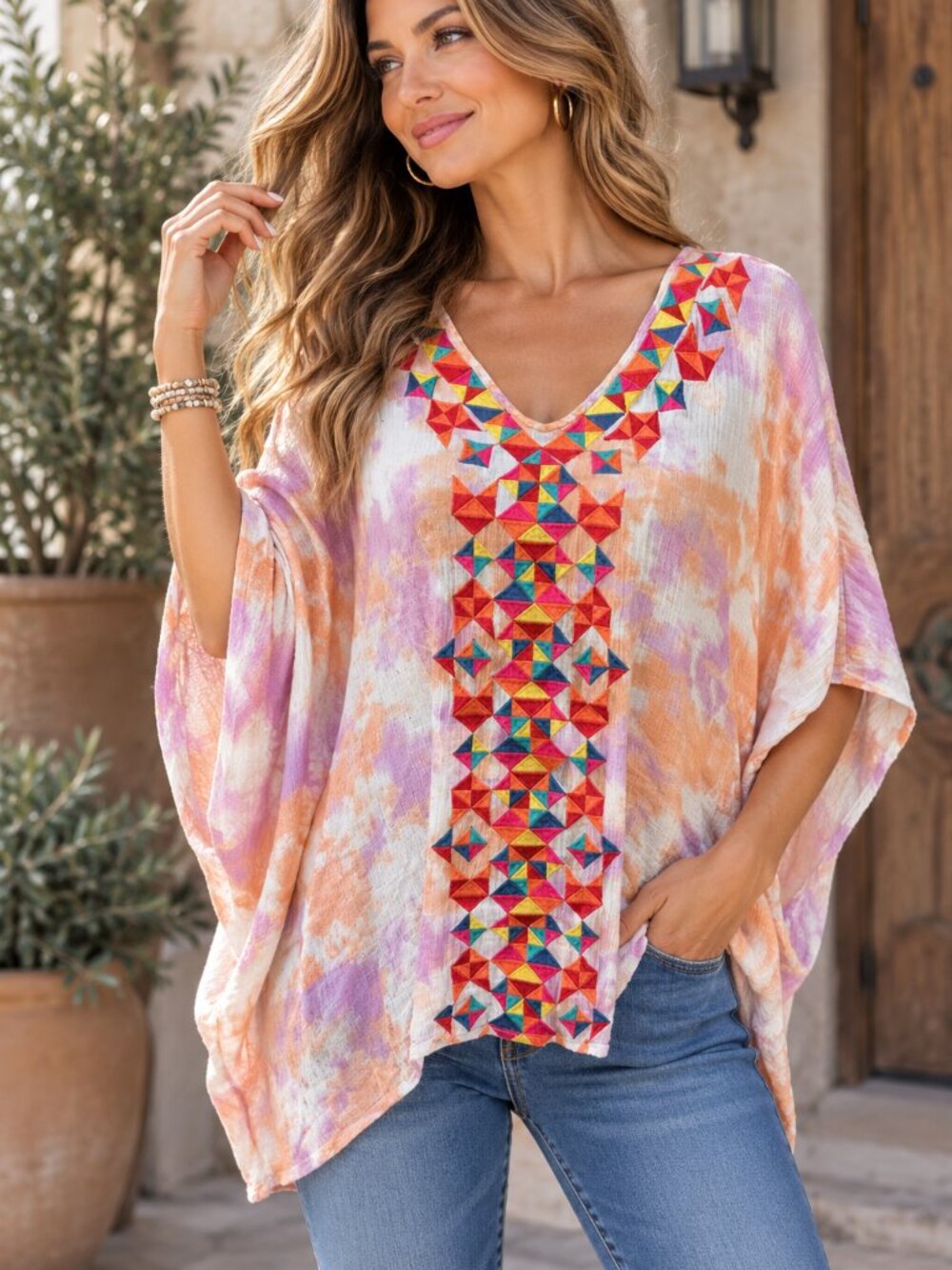 Savanna Jane M L Tie Dye Embroidered Geometric V Neck Boho Dolman Tunic Blouse